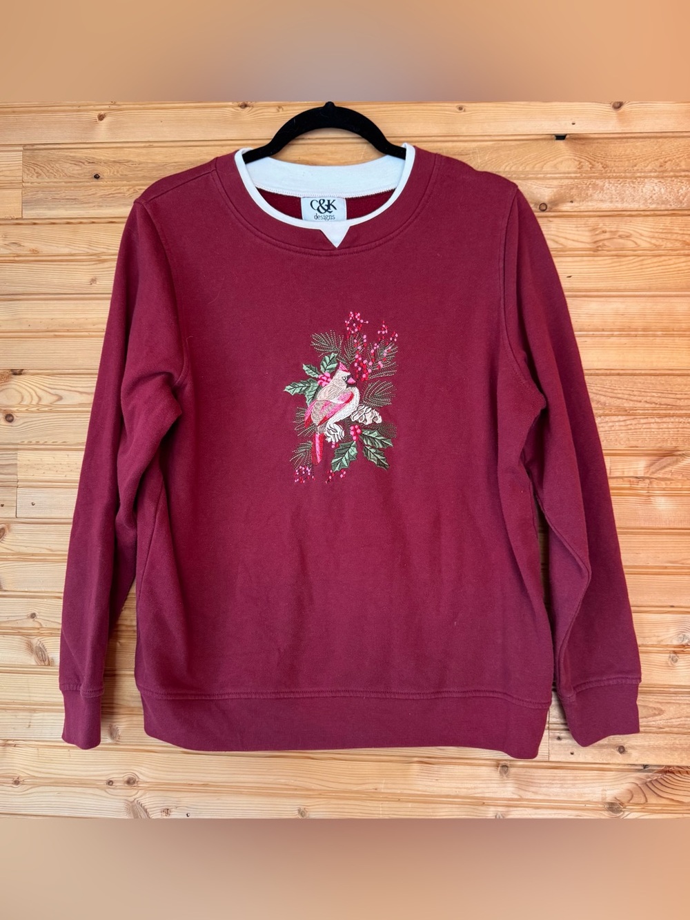 Gramacore Embroidered Cardinal Crewneck Sweater Burgundy Holly Christmas Medium